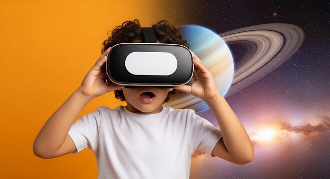 Child wearing virtual reality headset exploring space-themed environment