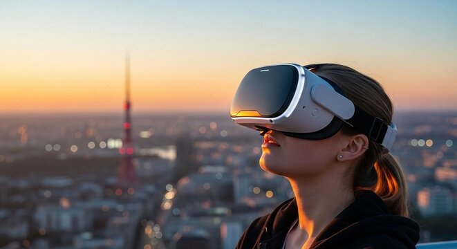 Woman wearing virtual reality headset overlooking city skyline at sunset