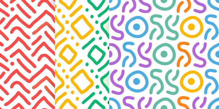 colorful doodle wave pattern with geometric shapes on white background