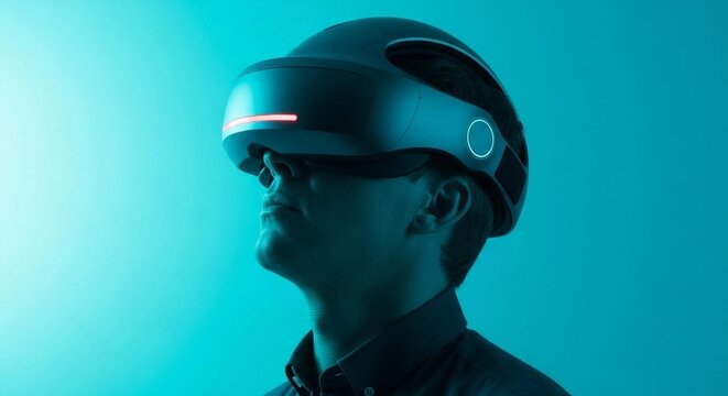 Person wearing futuristic virtual reality headset in teal lighting