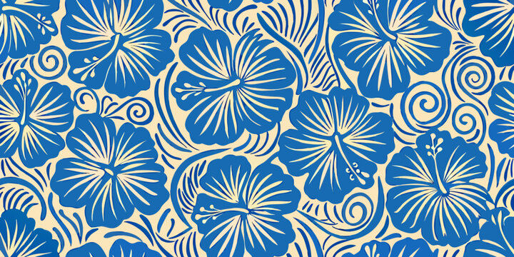 Blue hibiscus floral pattern seamless tropical flower illustration