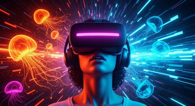 Woman wearing virtual reality headset immersed in futuristic digital environment