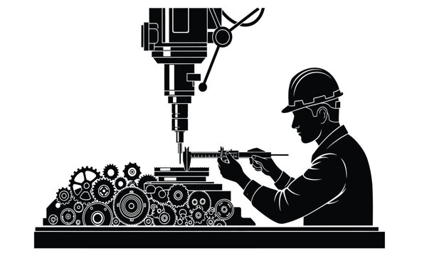 engineer working on machinery with gears and drill press black silhouette high quality professional detailed modern elegant stylish clean crisp vibrant colorful digital creative