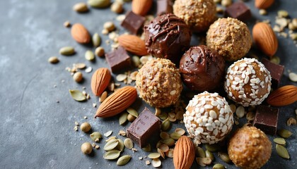 Fototapeta na wymiar Assortment of round energy balls, chocolate pieces, almonds, seeds and nuts on dark grey background. Healthy food mix arranged on stone surface.