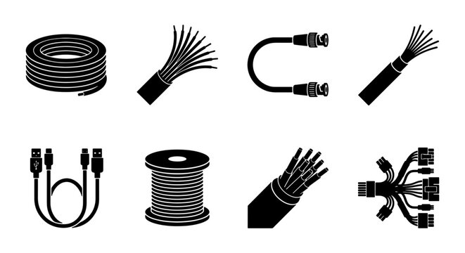 Electrical Wire and Cable Icons, Set of 8 Vector Graphics for Technology and Connectivity Concepts