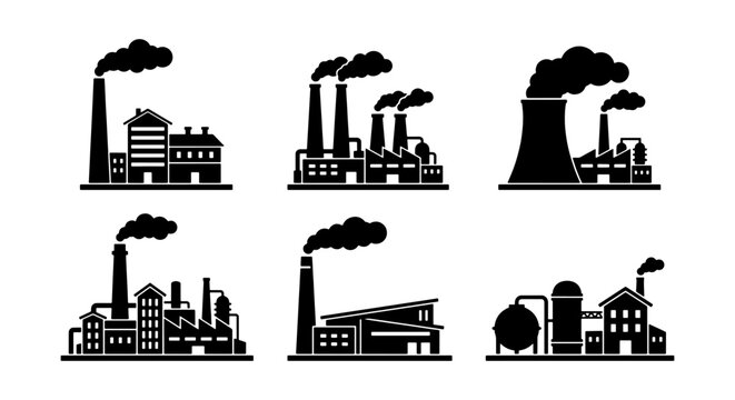 Industrial Factory Icons Set, Manufacturing Plant Silhouettes, Pollution Smokestacks, Power Generation Buildings, Vector Collection