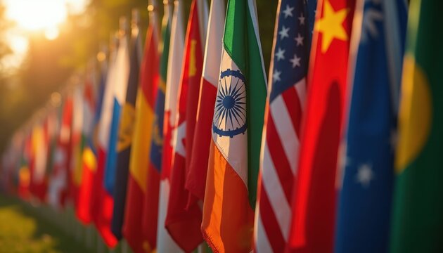 Numerous national flags stand in row against bright sunlit sky. International diversity represented by many country symbols. Unity cooperation globalism political theme.