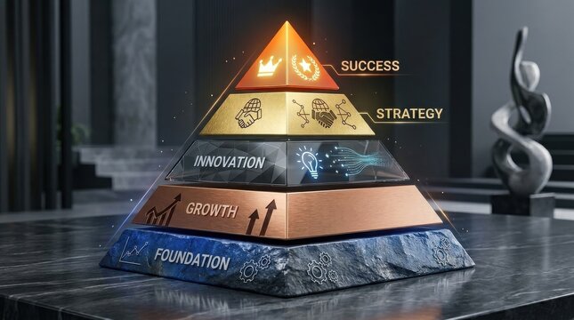 Artistic layered pyramid graphic chart with a vibrant color gradient and realistic material textures on a sophisticated background