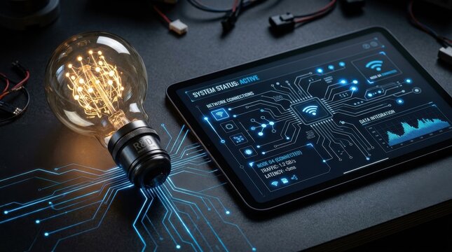 Macro view of a glowing light bulb with network connections on a tablet showing detailed circuitry and blue status indicators on a