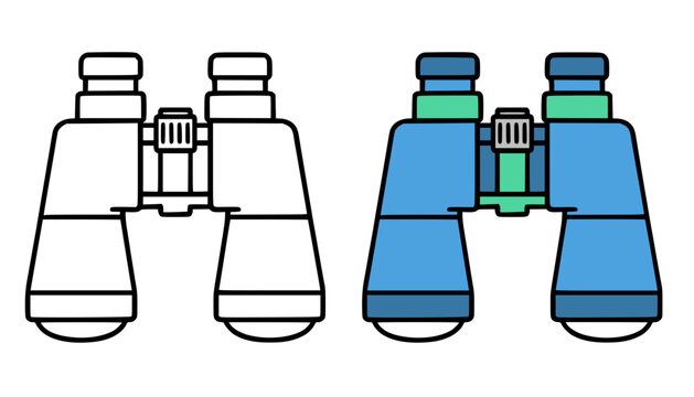 Binoculars illustration, line art and colored icon, for coloring page