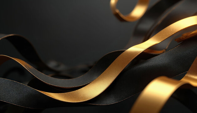 Elegant black and gold ribbons flow in waves against dark background. Abstract luxurious texture suggests premium quality, celebration, or high fashion. Minimalist design with copy space.