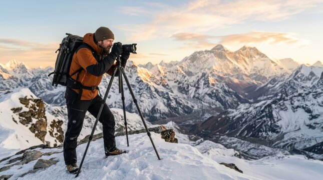 Professional photographer in high-performance winter gear taking photos of a vast snowy mountain range during the golden hour for