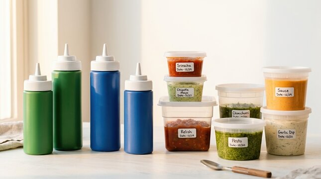 Plastic squeeze bottles for condiment sauce and kitchen dispense in blue and green, restaurant food containers on white background