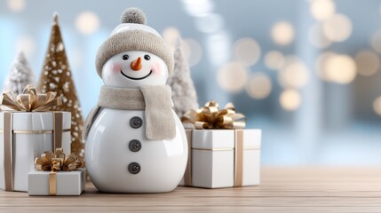 Obraz premium Glossy 3D Christmas Diorama with Snowman and Gifts in Warm Setting