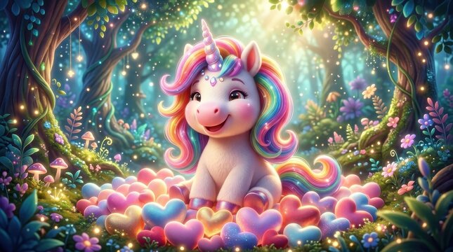Whimsical unicorn character with a rainbow mane and tail sits among a pile of soft, glowing hearts in a magical forest. This