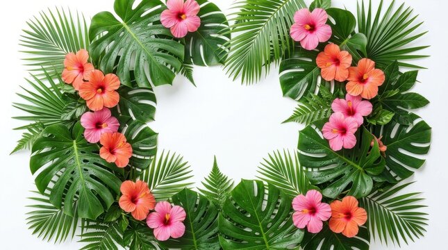 Colorful tropical leaves frame border featuring lush Monstera, palm fronds, and hibiscus flowers in vibrant green, pink, and