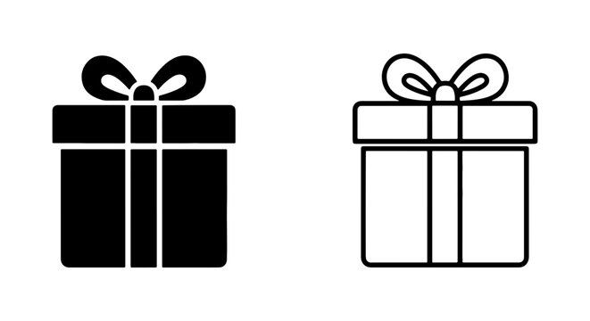 Gift box icons, present symbols, wrapped boxes, black and white, vector graphics