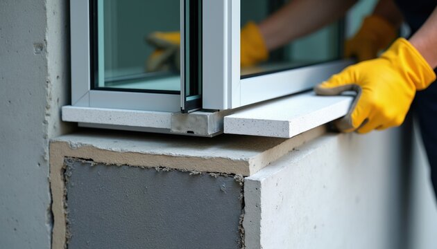 Builder installs facade panel with vacuum glazing on house. Worker places material layer on building envelope. New window is part of modern architecture.