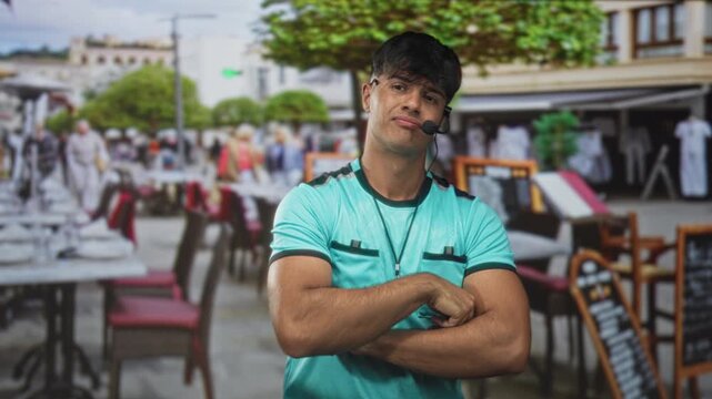 Man referee with headset crossing arms and pointing finger in street cafe setting; confidence charm.