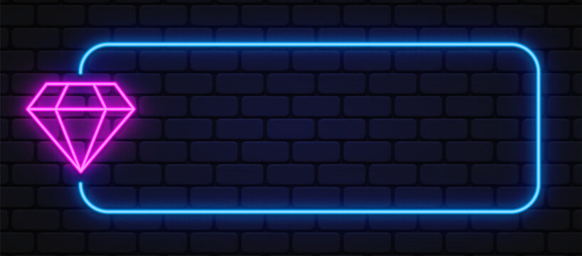 Neon diamond icon with blue glowing frame on dark wall. Luxury style highlights value, quality, or premium concept.
