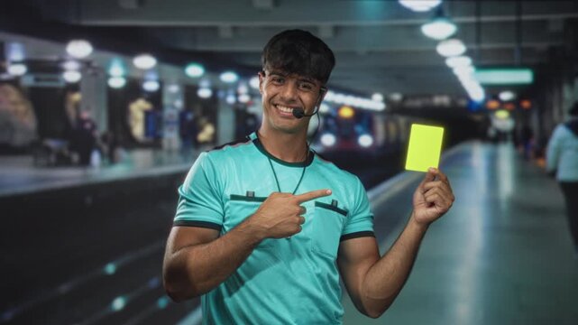 Man referee points finger to yellow card in subway station building while smiling and holding whistle on headset; warning authority.