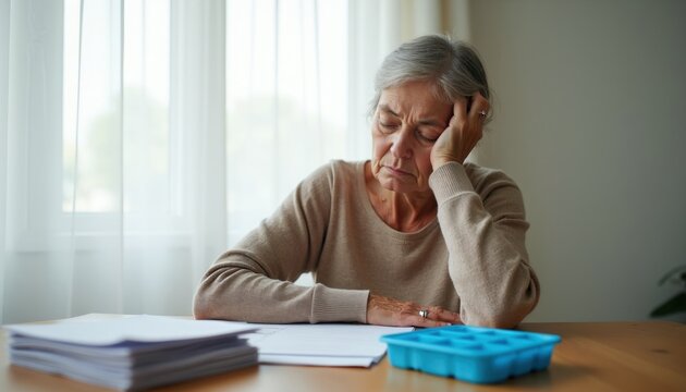 Elderly woman sits with head in hand looking tired and stressed. Paperwork and pill organizer on table suggest life challenges. She appears to be contemplating difficult decisions while indoors.
