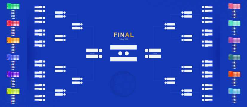 Football Tournament Bracket and Group Stage Schedule Layout on Blue Background.