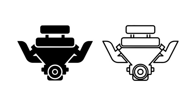 V8 Engine Icons, Automotive Power Unit Vector Graphics, Mechanical Engineering Design Elements