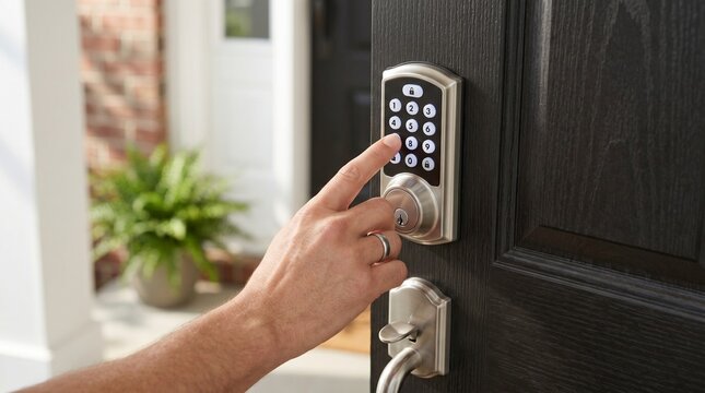 A hand is pressing the button of the key pad with a door lock system. The door appears to be made of wood and is painted black. A potted plant can be observed in the background, near the door