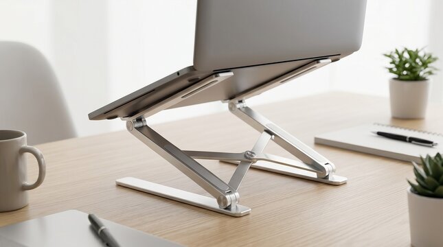 A laptop sits elevated on a stand on the desk, showcasing modern workplace essentials. It features ergonomic design and promotes productivity.