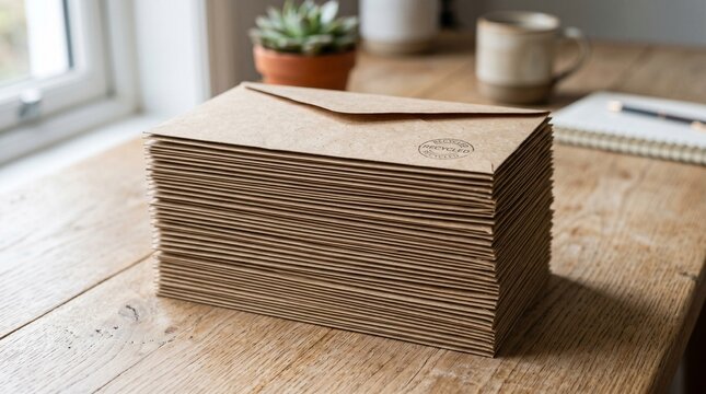 A stack of brown envelopes neatly arranged on a wooden table, alongside a plant in a pot and a mug