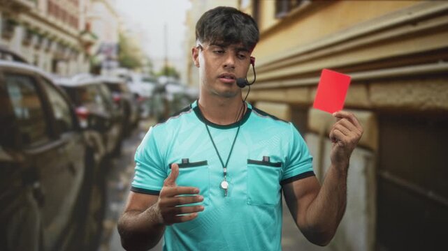 Young hispanic man referee holding red card and gesturing with open hand on a street with parked cars and building facades; discipline stern.