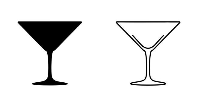 Martini glass icons, cocktail glasses, black and white, vector illustrations, barware