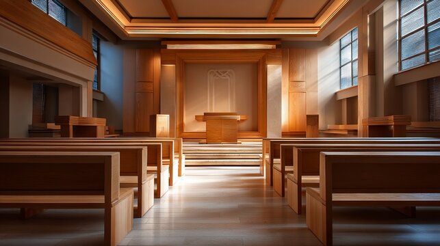 Serene Interior of a Modern Jewish Synagogue with Ordered Seating