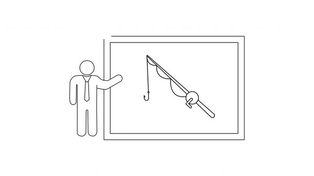 Simple Line Drawing of a Person Presenting a Fishing Rod on a Whiteboard.
