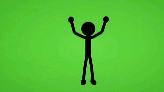 Black stick figure animation performing jumping jacks exercises on a vibrant green screen background.
