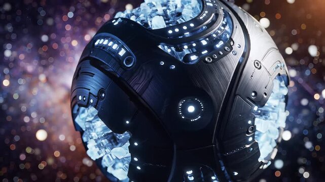 Futuristic Orb Floating in Cosmic Nebula with Glowing Lights.