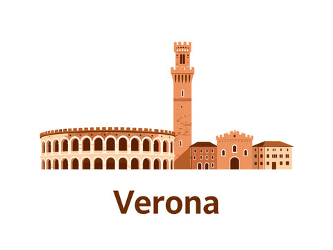 Verona Italy Skyline Vector Illustration with Historic Arena Landmark Architecture