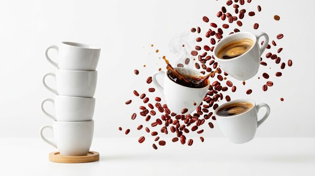 Floating coffee cups and red beans for cafe espresso aroma, stacked beverage mugs on white background. High resolution