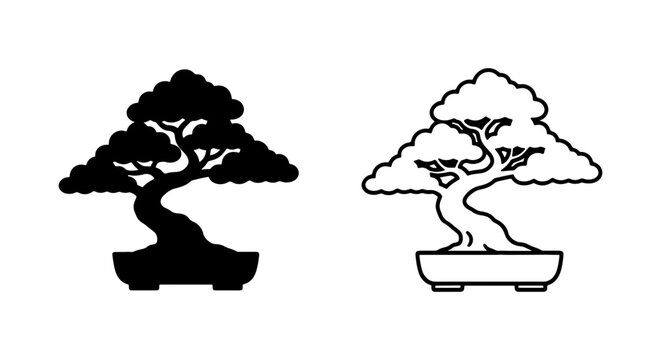 Bonsai tree icons, black and white illustrations, tree silhouettes, gardening symbols