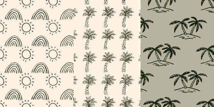 Tropical palm tree and rainbow pattern collection three panel illustration