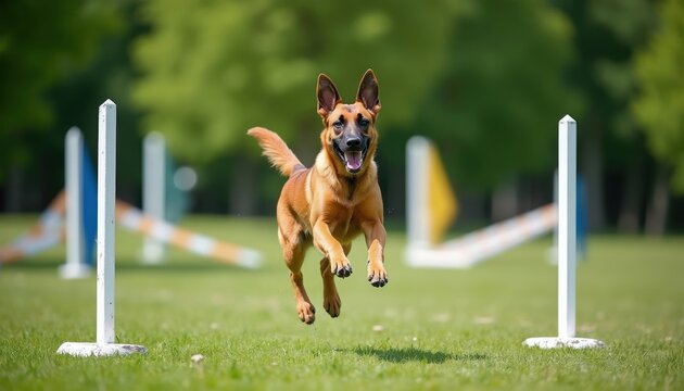 Agile Belgian Malinois leaps during park agility training competition. Energetic dog runs fast over hurdles on green grass. Purebred mammal shows obedience and happy discipline.