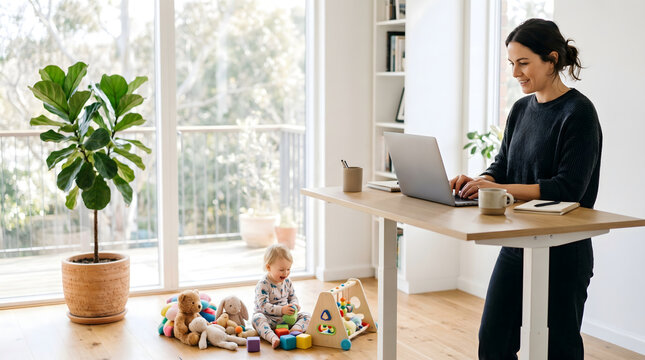Single Mother Working at Standing Desk while Baby Plays at Her Feet