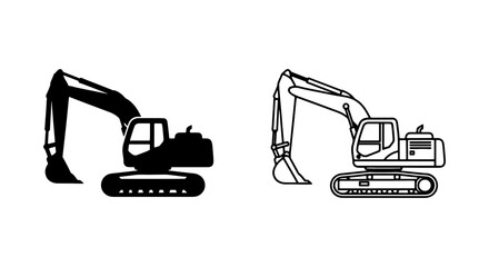 Excavator icons, construction vehicles, digger symbols, heavy equipment, black and white illustrations © Jubayer