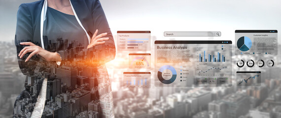 A professional woman stands confidently over a city skyline, surrounded by digital analytics and charts symbolizing business growth and strategic insights in a corporate environment. Ledger © InfiniteFlow