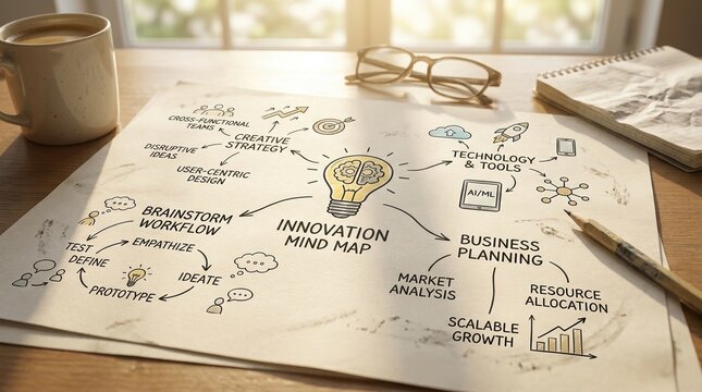 Innovation mind map sketch on paper featuring creative strategy notes and handdrawn technology icons for business planning,