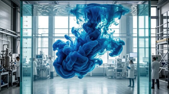 wide shot of a massive blue ink cloud filling a transparent tank, mixing with subtle cyan in crystal clear water. The high-key