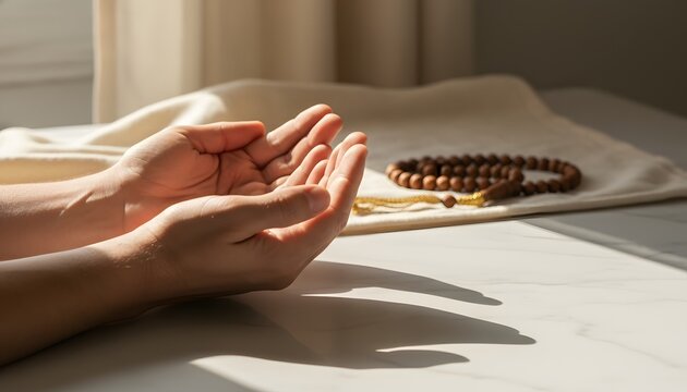 Muslim hands raised in dua supplication prayer during the Islamic New Year celebration for spirituality and reflection concept with warm sunlight and tasbih beads