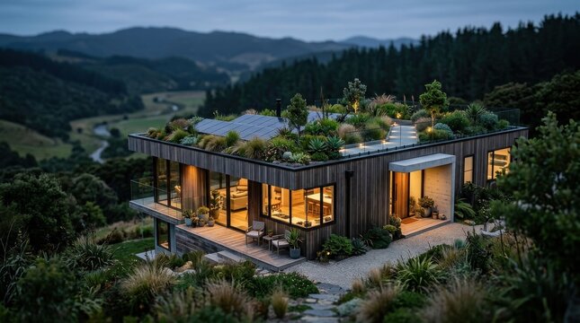 Sleek modern eco house with a rooftop garden and a shallow depth of field and soft light over the distant landscape. This polished
