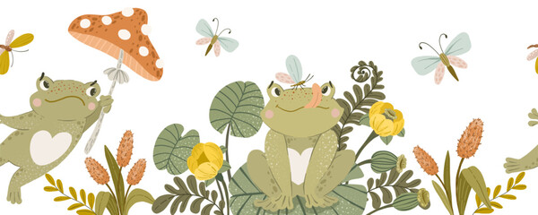 Naklejka premium Cute woodland border with frogs, mushrooms, dragonflies, flowers, and forest plants in soft earthy tones.